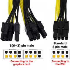 PCI-e 6 Pin Dişi - 2 x 8 (6+2) Pin Erkek GPU Güç Kablosu