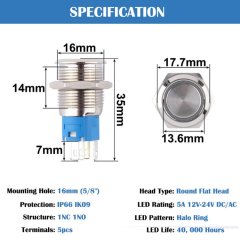 16A-G1-E 16MM Aydınlatmalı Metal Buton - Mavi