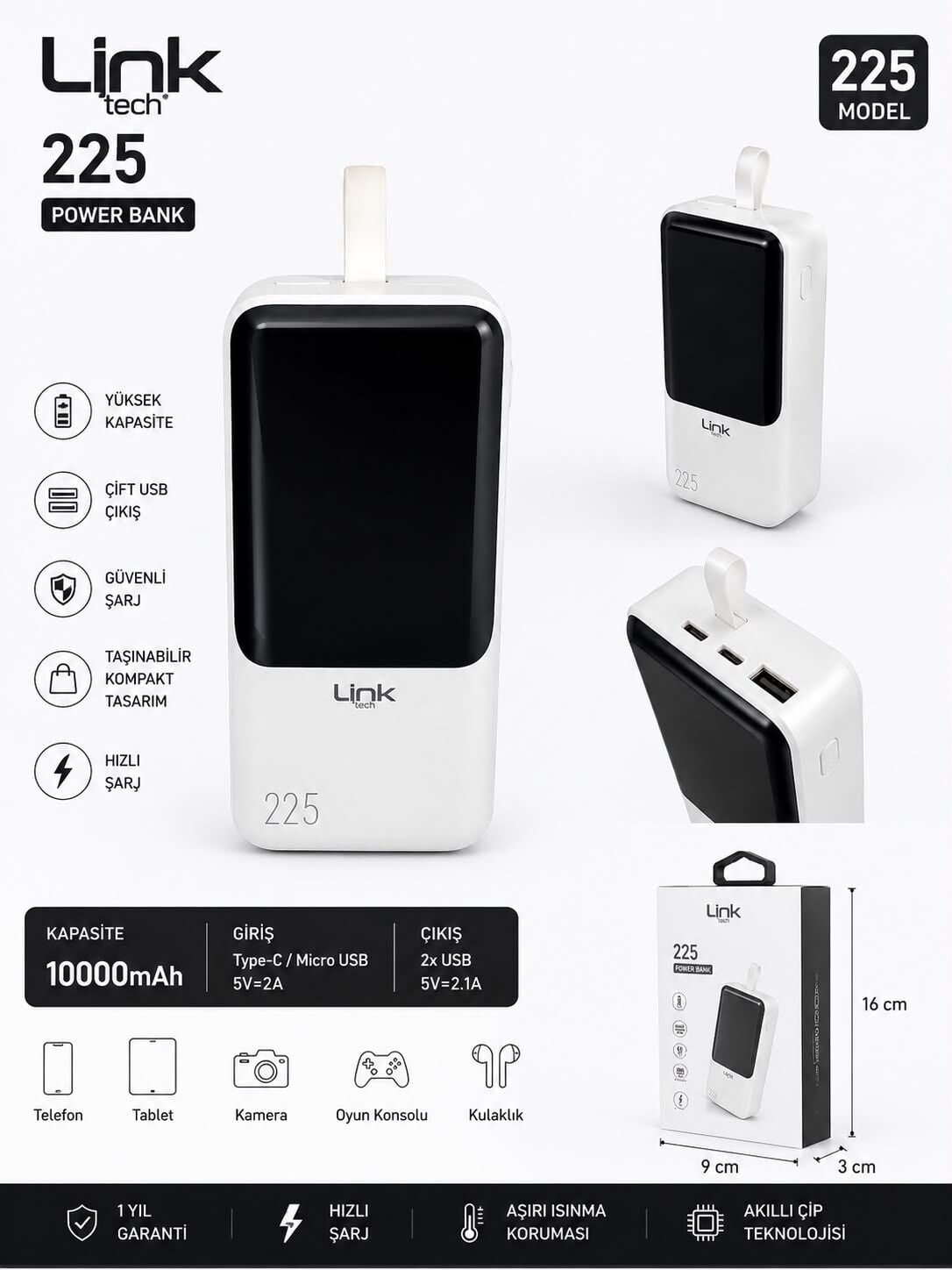 LinkTech 225 45W Powerbank 10000mAh 10000mAh Type-C Çıkışlı Beyaz Taşınabilir Şarj Cihazı